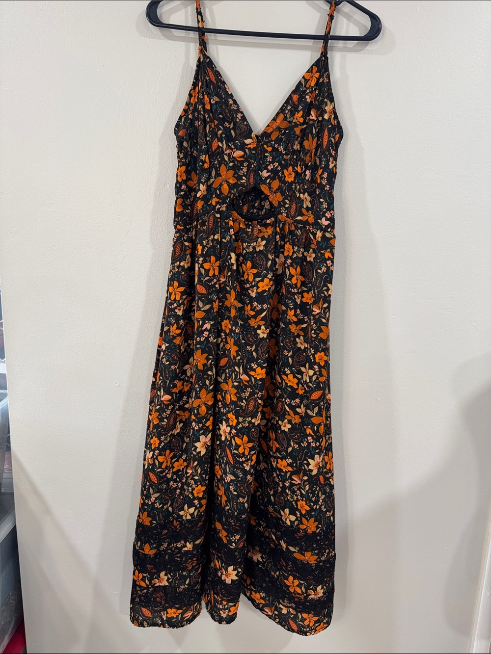 Max + Ash Floral V-Neck cutout Midi Dress in Black and Orange boho lace